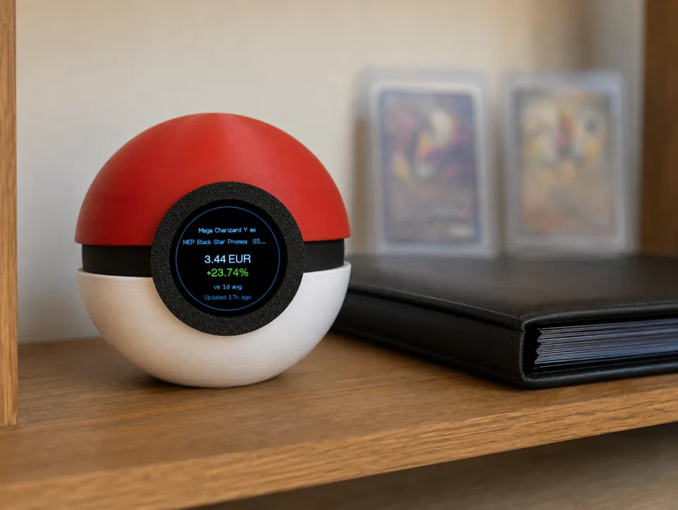 Pokémon TCG Tracker displayed on a shelf beside a trading card collection