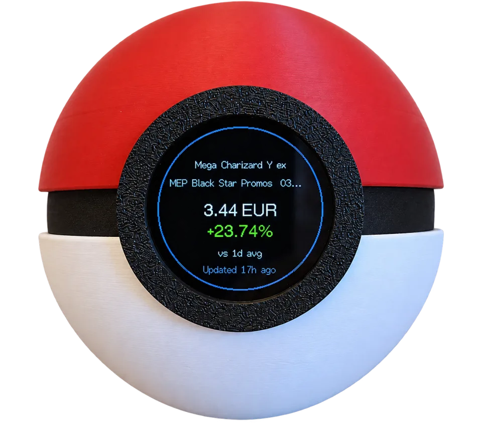 Pokémon TCG Tracker in red, black and off-white, with a card market price on its round screen